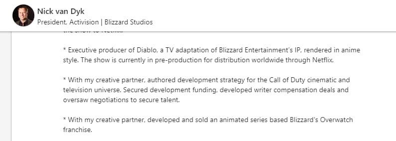 le profil LinkedIn de Nick van Dyck a dévoilé de précieuses informations concernant l'arrivée de séries animées sur Overwatch et Diablo