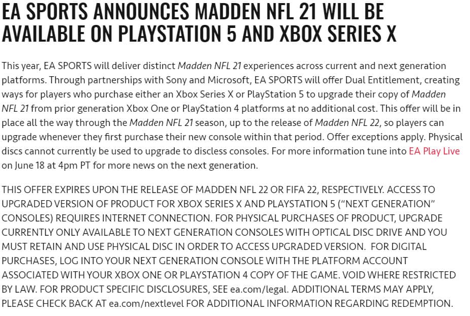 message ea Madden NFL 21 PS5 Xbox Series X
