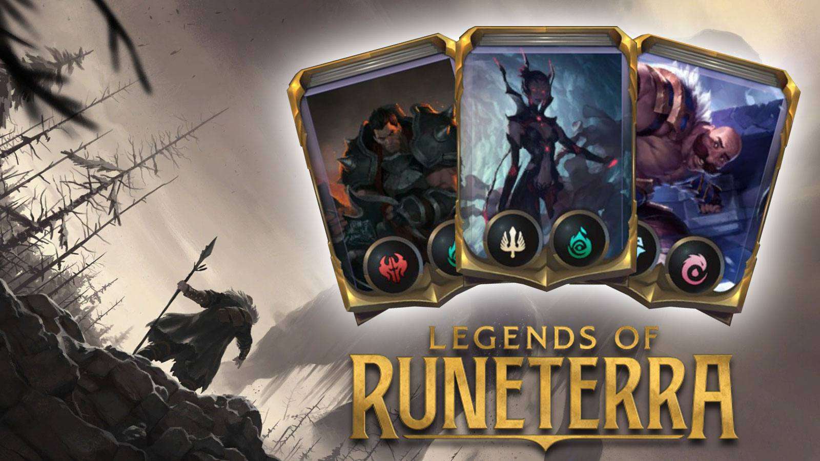 3 decks surplombant le logo de Legends of Runeterra