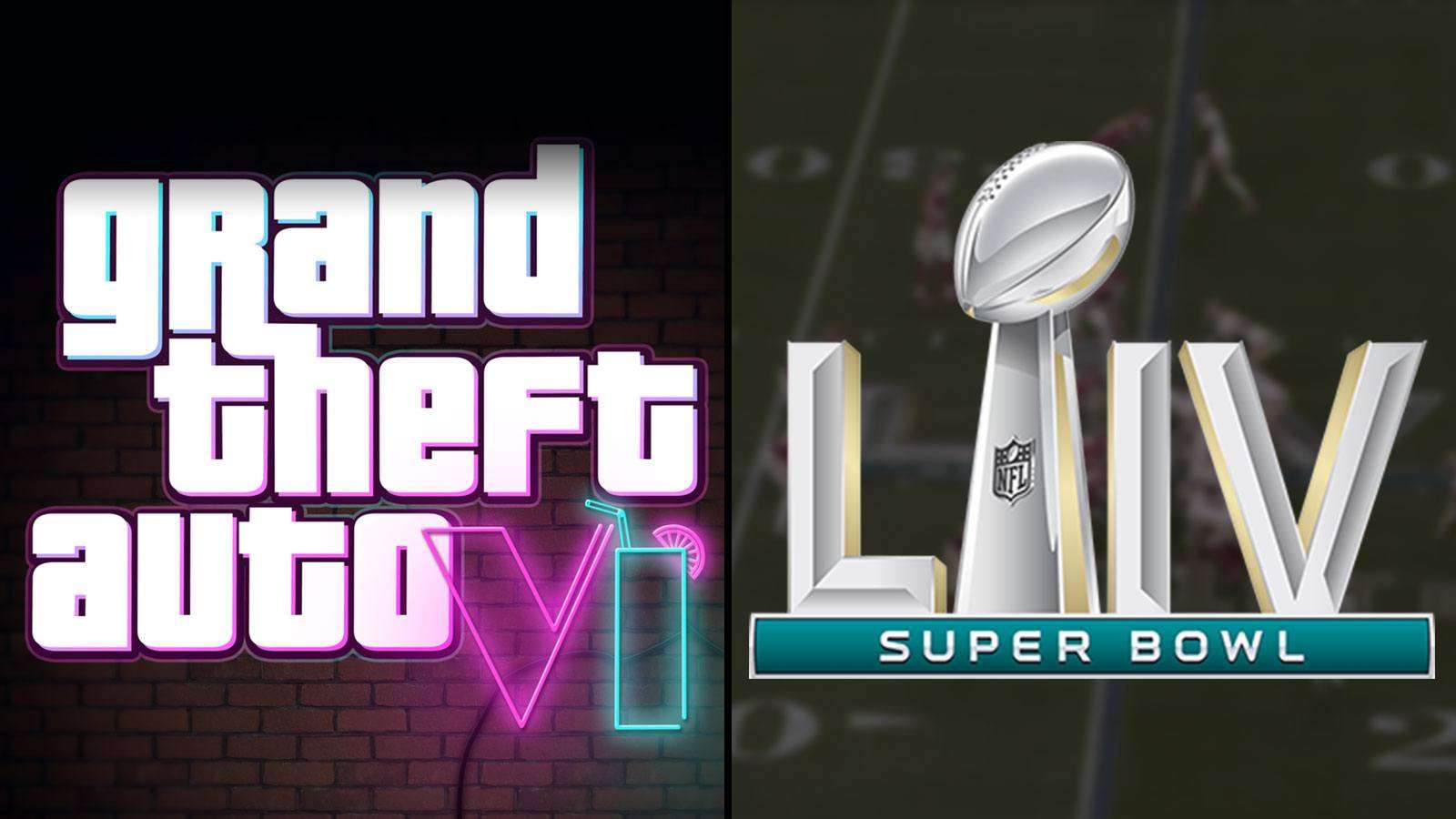 Logo de GTA VI imaginé par un fan et capture d'écran du Super Bowl LIV