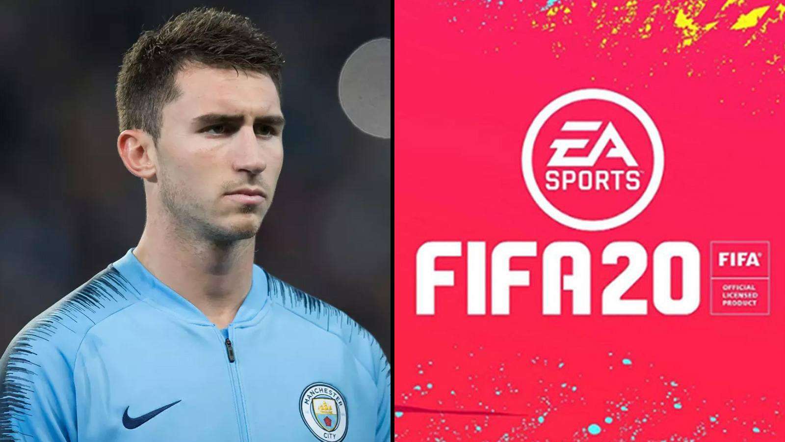 Aymeric Laporte sous les couleurs de Manchester City et logo de FIFA 20