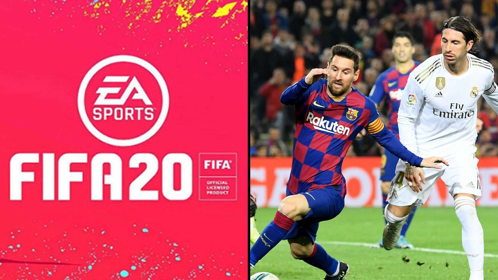 Messi et Sergio Ramos lors d'un match FC Barcelone vs Real Madrid et logo FIFA 20