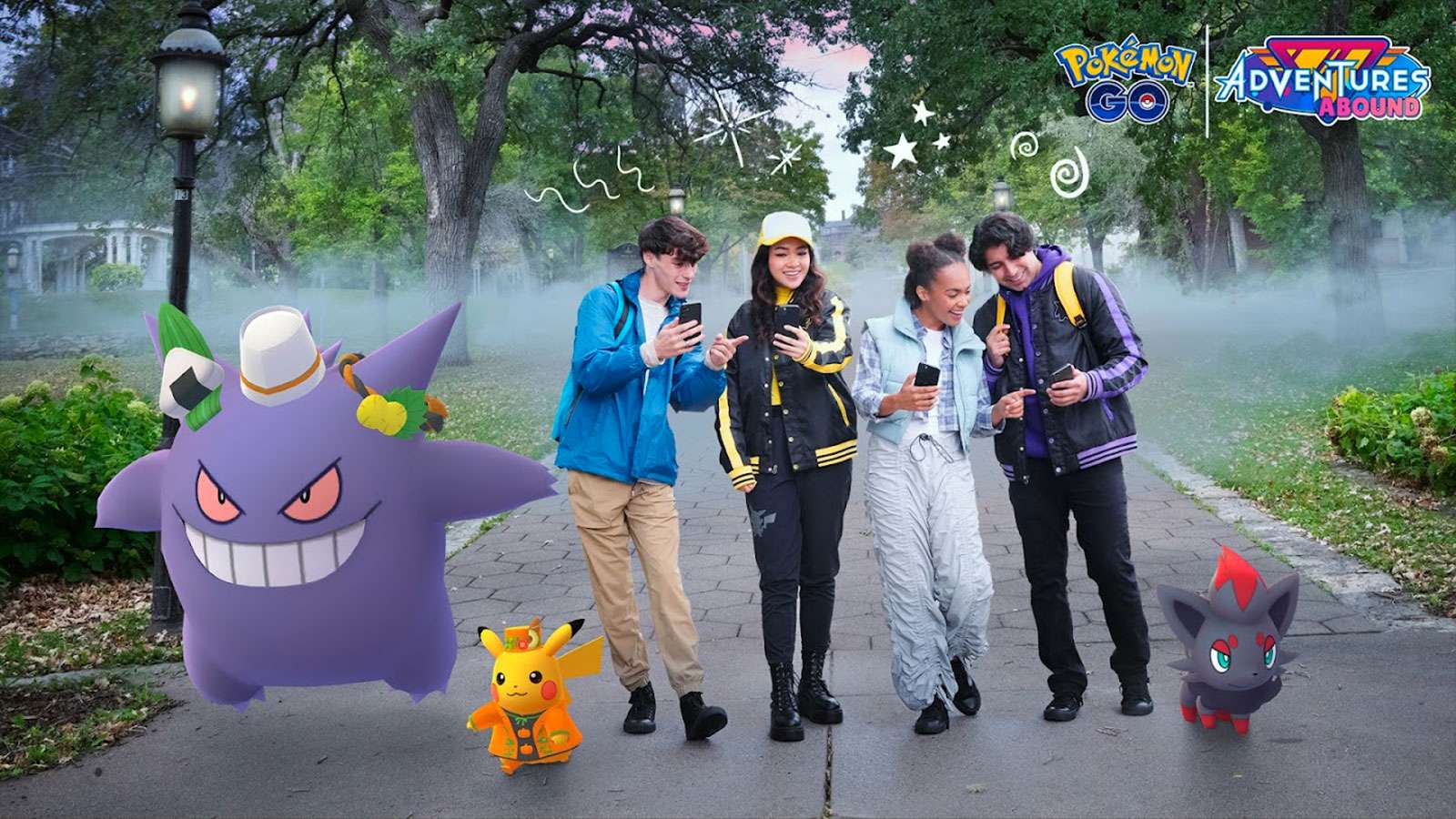 Ectoplasma, Pikachu et Zorua aux côtés de dresseurs Pokémon Go