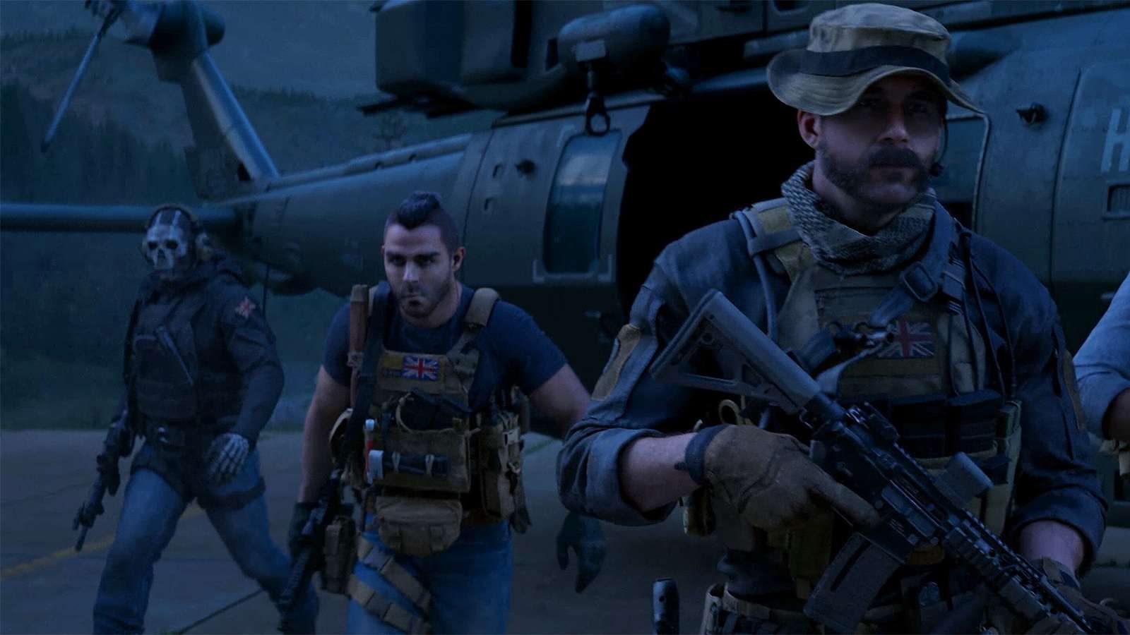 Groupe de 3 personnages de Modern Warfare 3 devant un hélicoptère