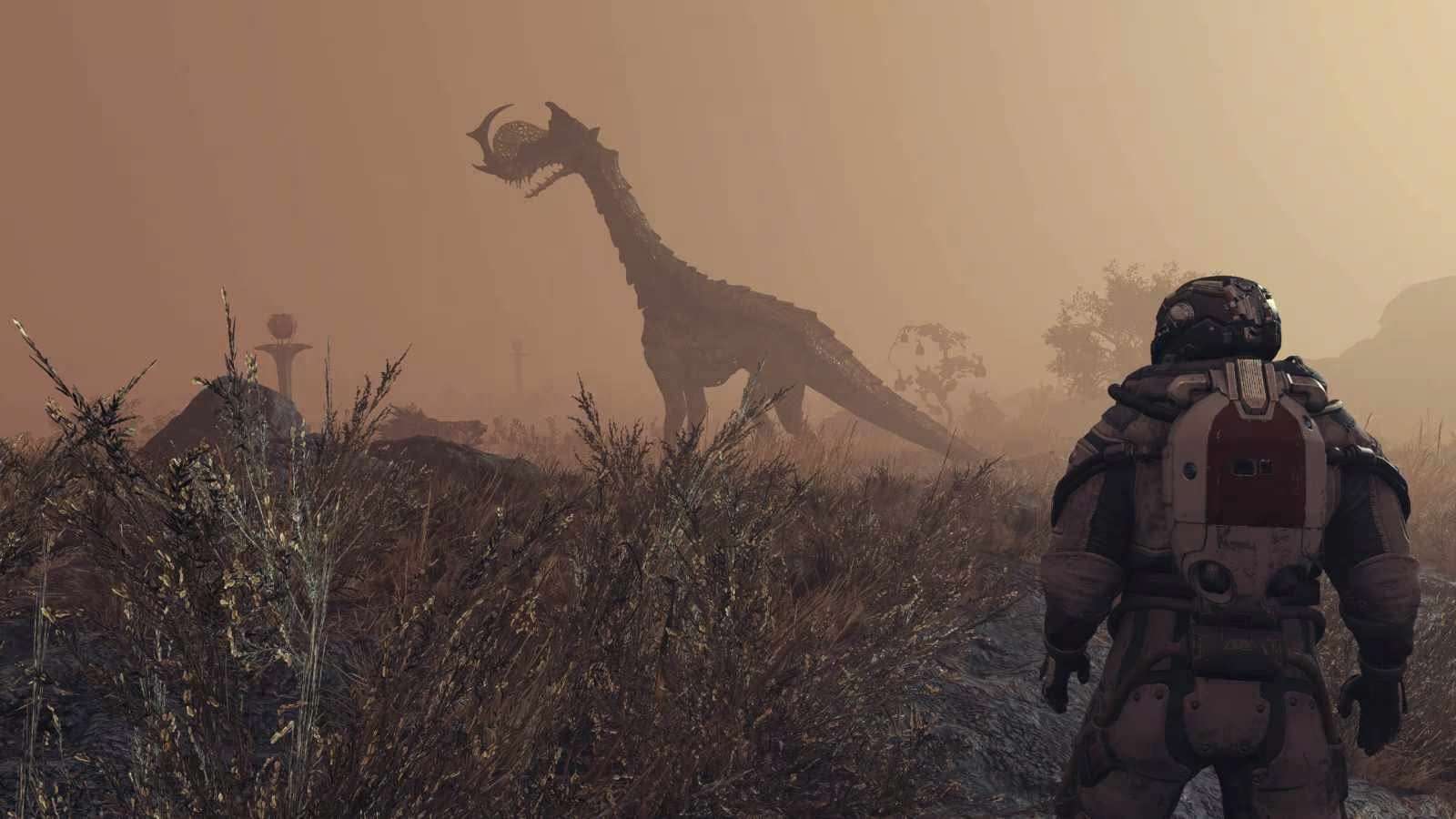 Un joueur face à un dinosaure dans Starfield