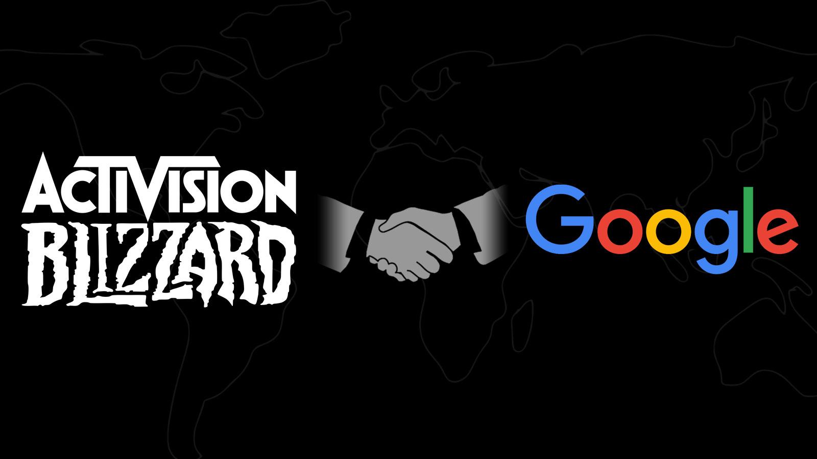 Logos d'Activision Blizzard et de Google avec une poignée de main