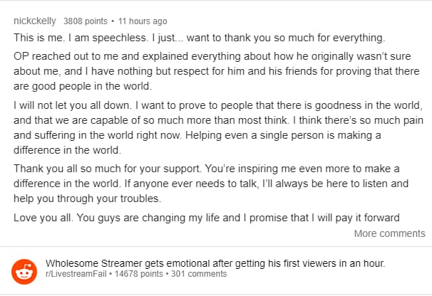NickCKelly a adressé un message de remerciement à ses viewers sur Reddit