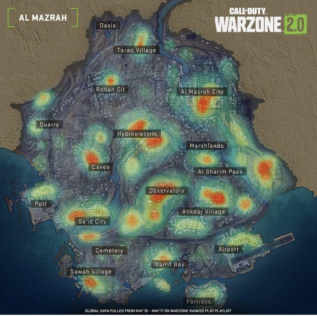 Heat map de la popularité des landing spots sur Warzone 2.0