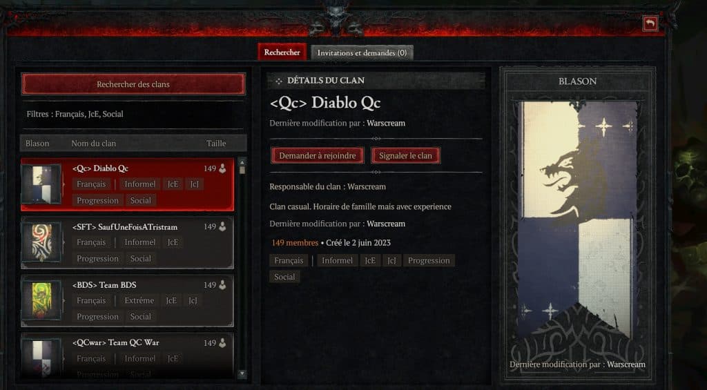 Chercher un clan dans Diablo 4.
