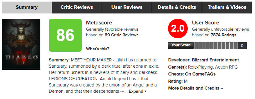 La note de Diablo 4 sur Metacritic