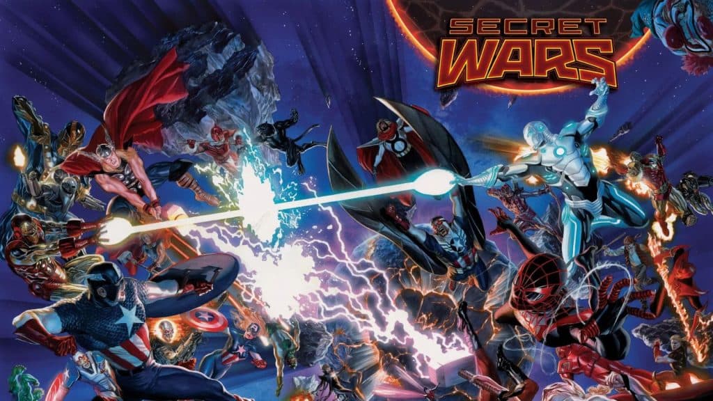 couverture d'un comics marvel secret wars avec affrontement entre héros et vilains