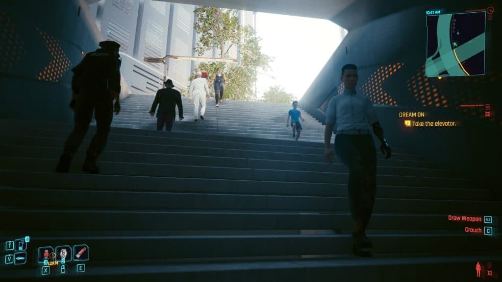 Escaliers montant au Memorial Park dans Cyberpunk 2077