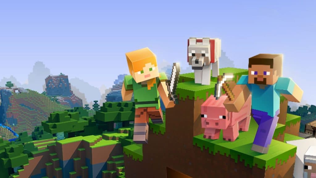 Deux personnages Minecraft sur une montagne