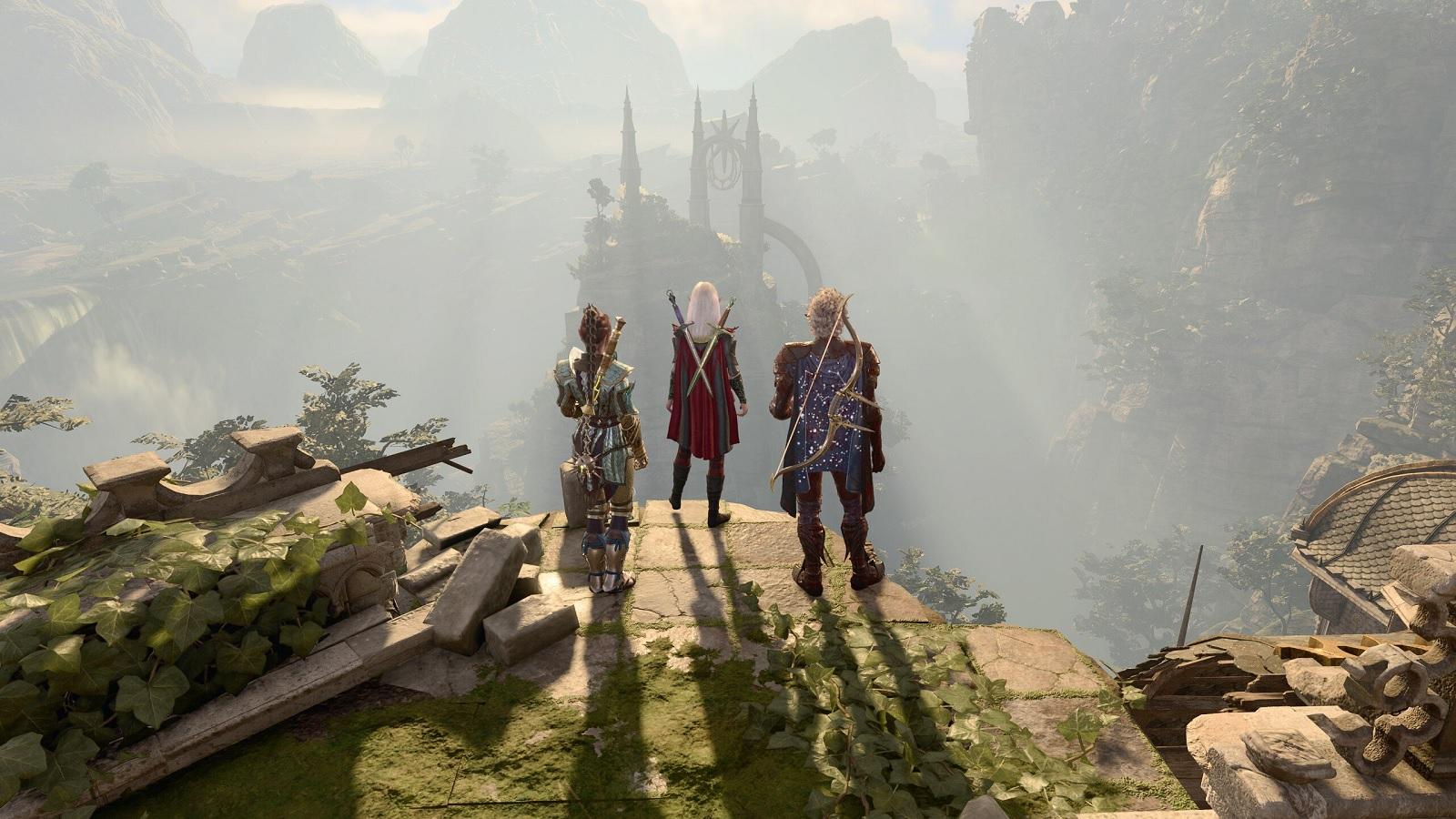Un groupe de 3 personnage devant un paysage verdoyant dans Baldur's Gate 3