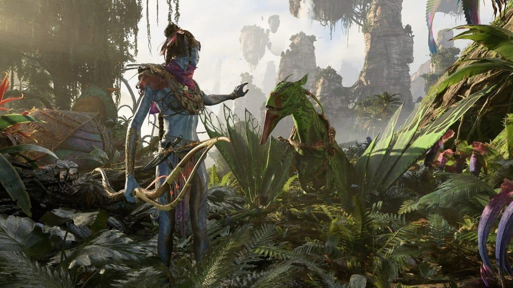Capture d'écran montrant un Na'vi et un monstre dans Avatar: Frontiers of Pandora