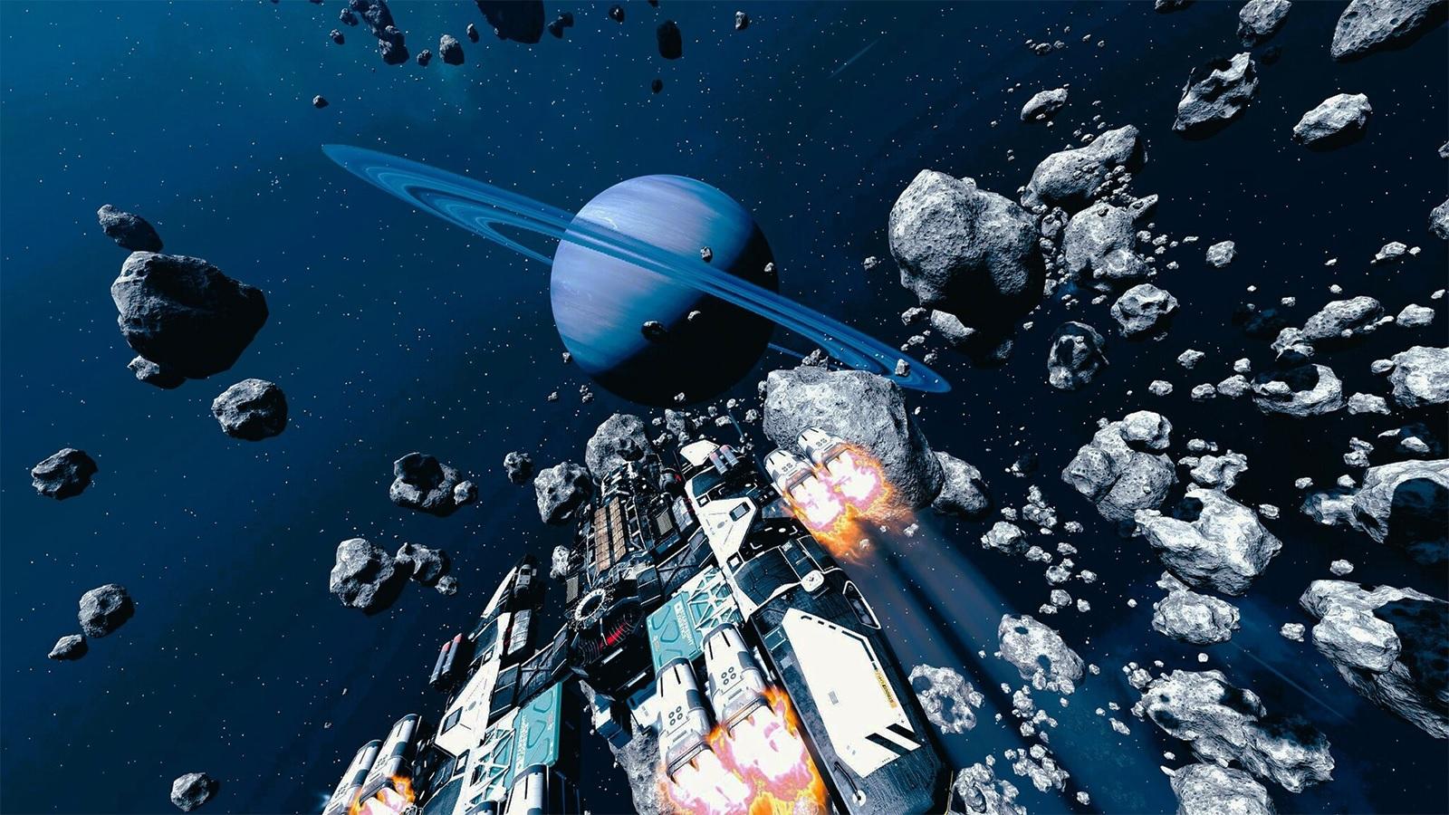 Un vaisseau traverse des météorites vers une planète dans Starfield