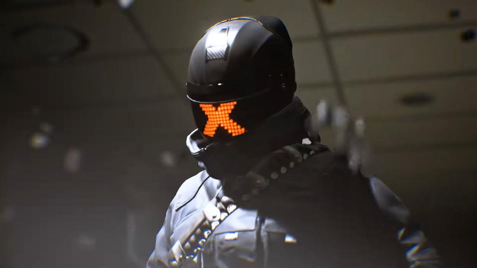 Un personnage avec un X sur un masque sur le visage dans The Finals