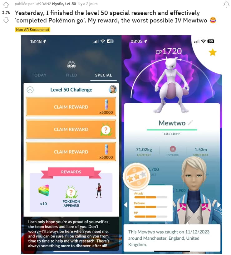 Mewtwo en récompense d'Étude dans Pokémon Go