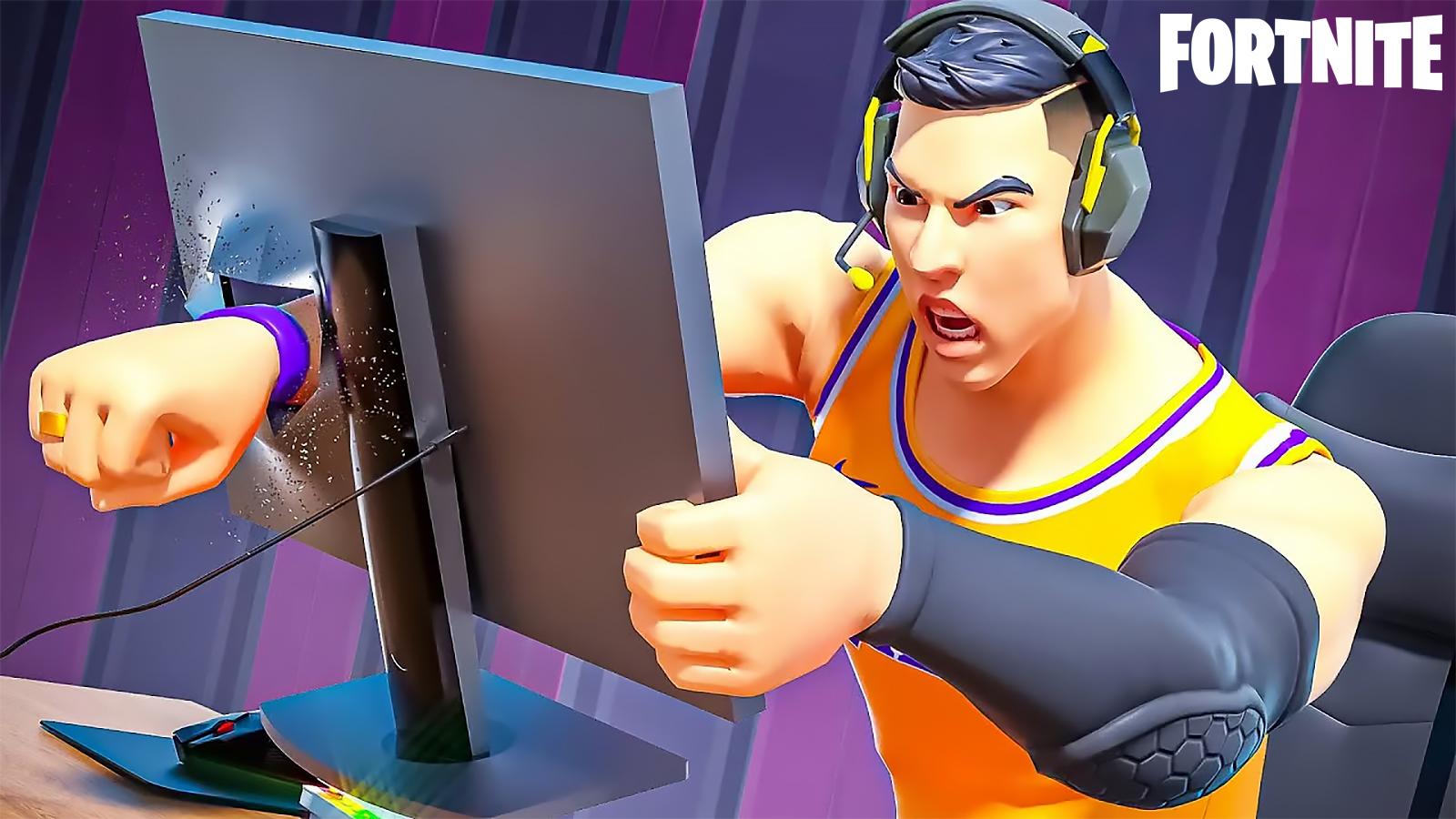 Un personnage en colère de Fortnite qui traverse un écran d'ordinateur avec son poing