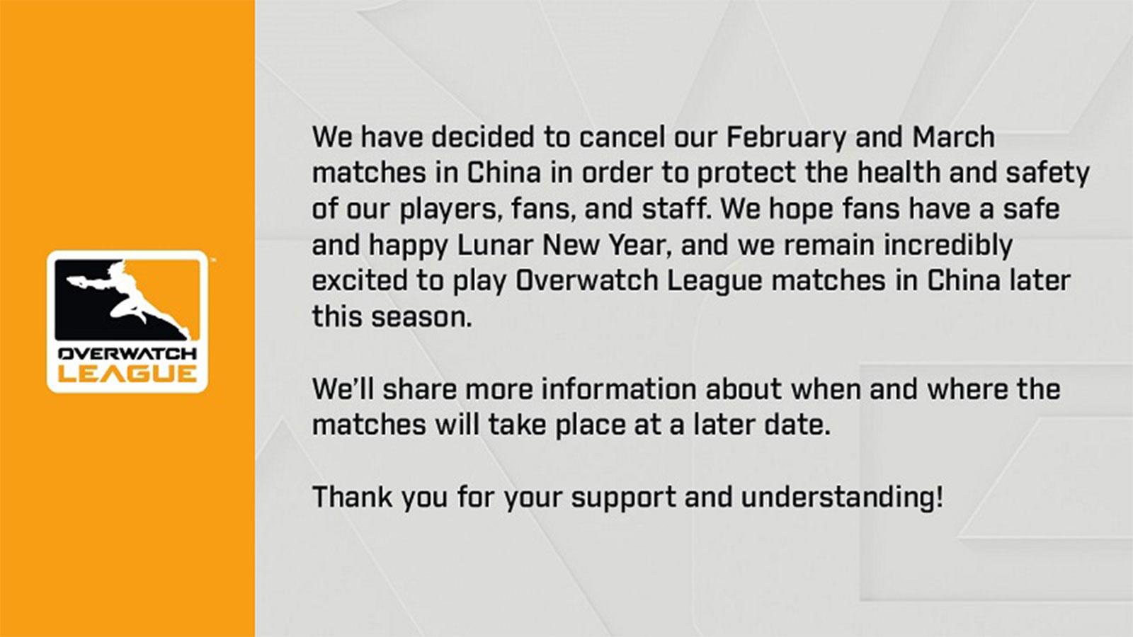 En raison du Coronavirus, les matchs de l'Overwatch League en Chine sont annulés