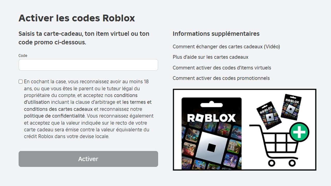 Interface d'activation de codes Roblox