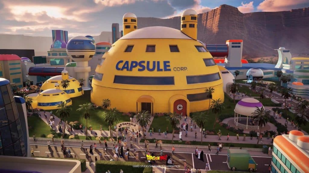 concept art de la capsule corp dans le parc d'attractions Dragon Ball