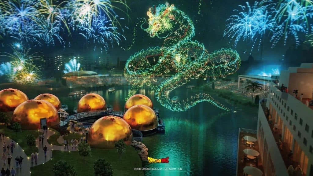 concept art d'un spectacle nocturne dans le parc d'attractions Dragon Ball