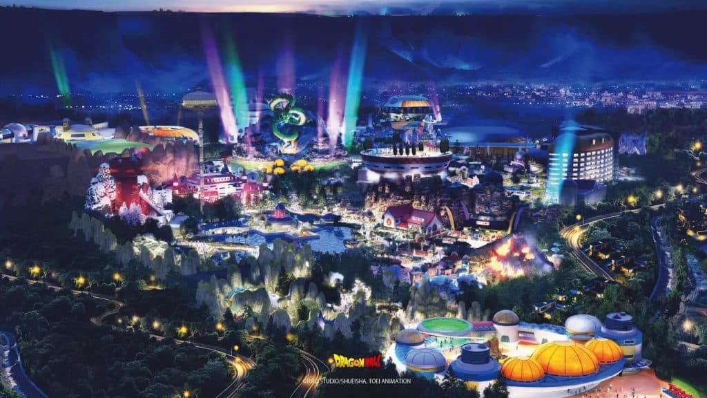 concept art du parc d'attractions Dragon Ball de nuit