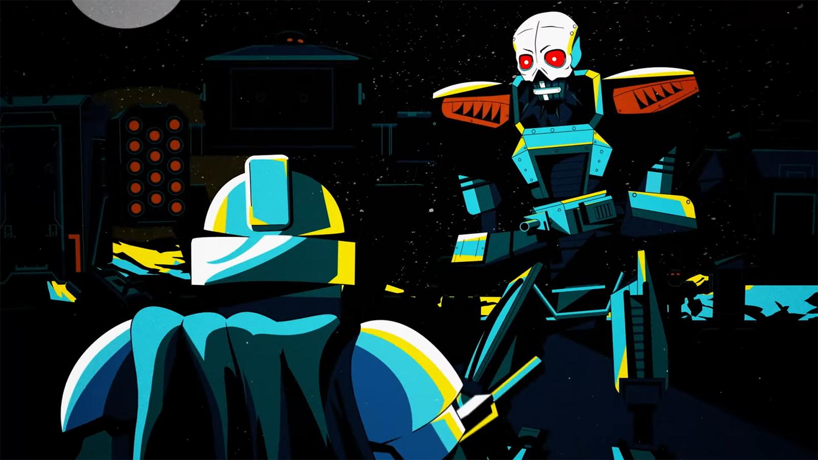 Automaton face à un Helldiver, façon dessin comics, de Helldivers 2